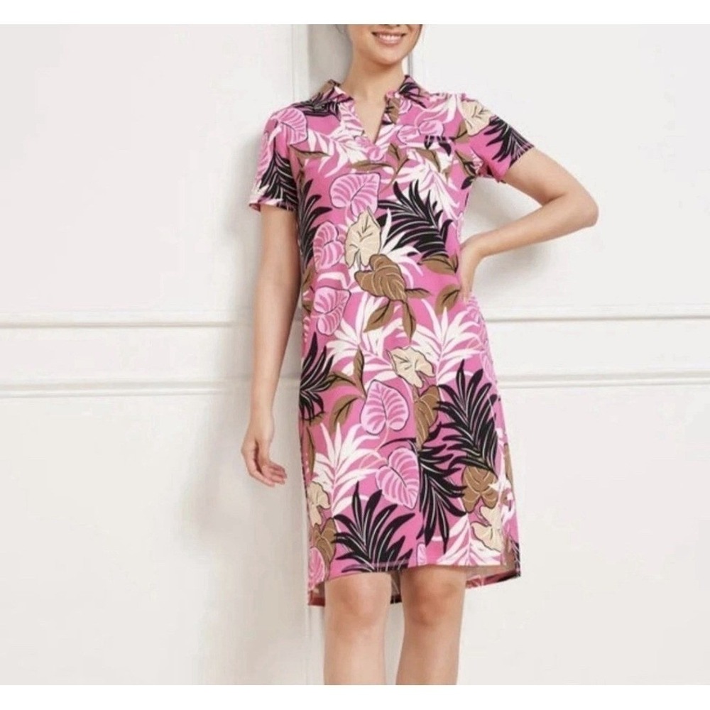 Talbots Dress Petite M Tropical Floral Polo Dress Botanical Resort Vacation EUC